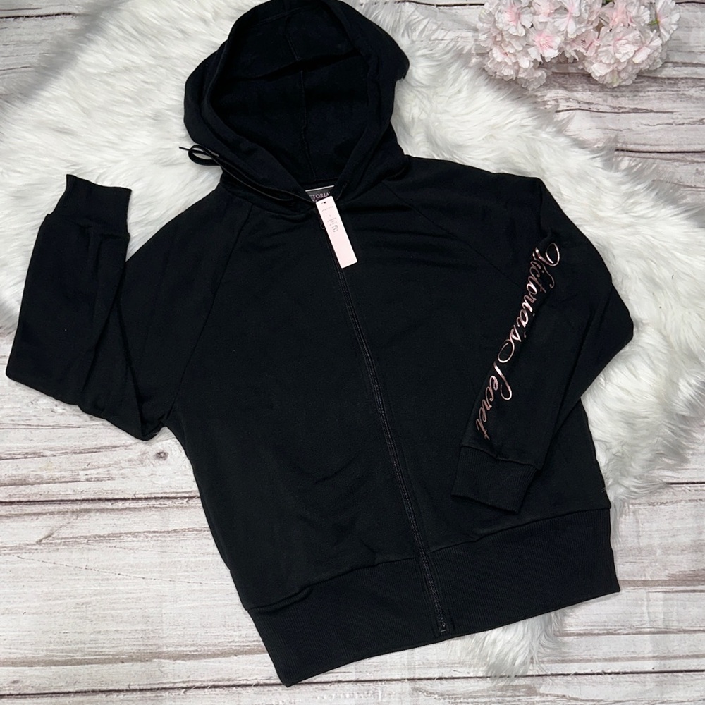 Victoria’s Secret Black Full Zip-Up Hoodie with Script Sleeve Size Small
